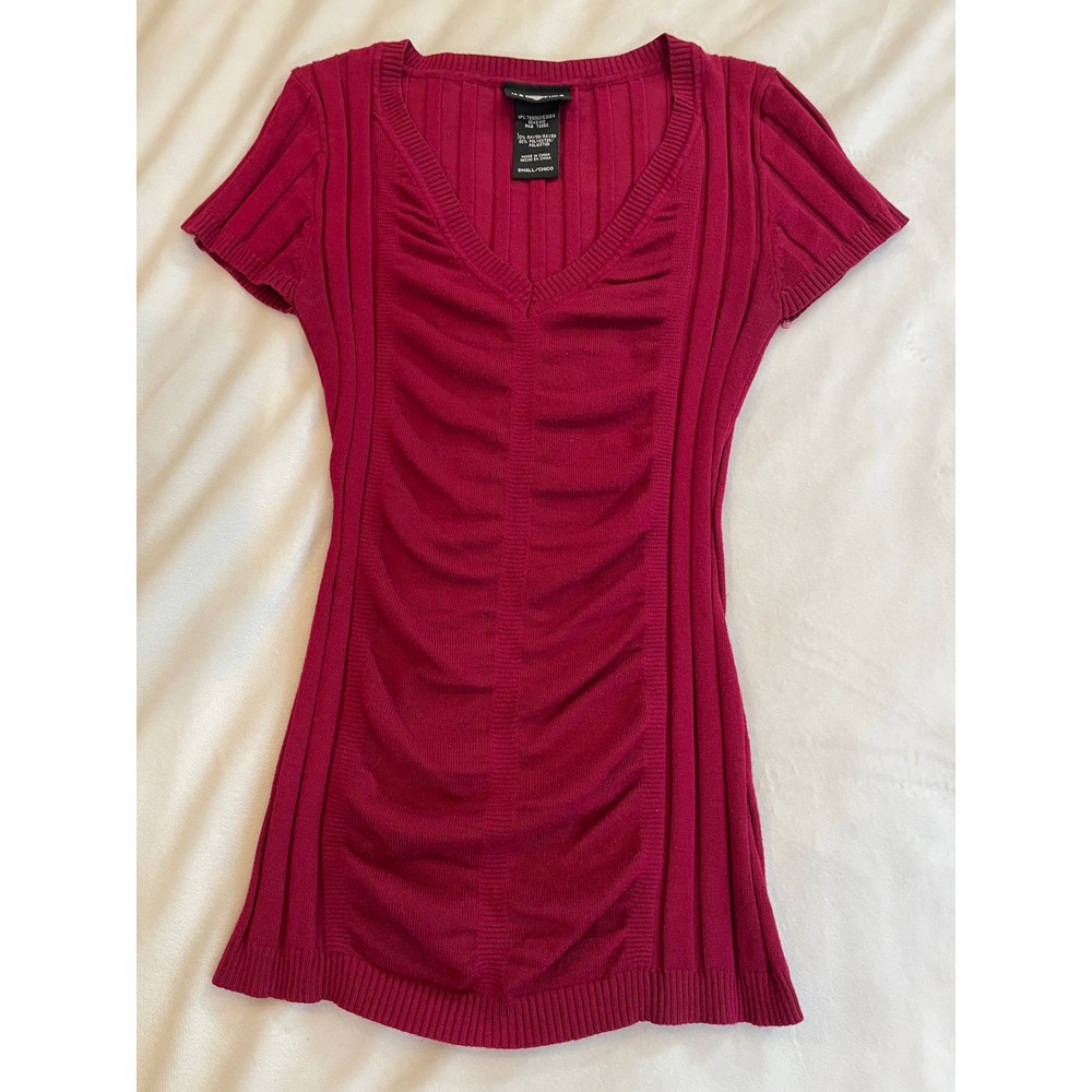 Its Our Time Magenta Pink Ruched V-Neck Ribbed Short Sleeve Sweater Top Small